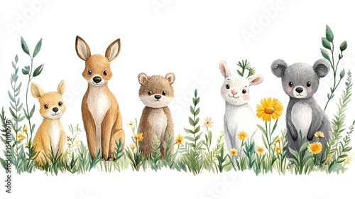 Cute woodland creatures in a meadow
