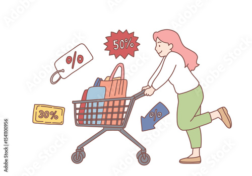 Happy young woman  rolling shopping bag full of discount purchases shopping. Sales during shopping and purchase concept. Hand drawn style vector design illustrations.
