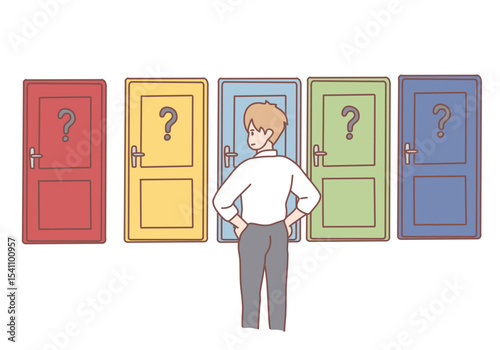 Businessman standing backwards in front of colorful doors trying to choose one thinking of unknown future and opportunities. Hard decision, success or failure concept. Hand drawn style vector design