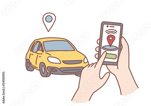 Human hands holding smartphone with application of autonomous wireless parking remote connected car service. Car sharing and online application concept. Hand drawn style vector design illustrations.