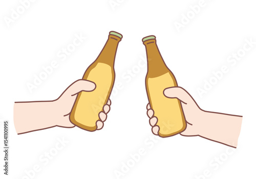 Two hands holding lager beer bottles and clinking together. Friendly cheers up and toasts and relaxation or recreation lifestyle. Drink, leisure, alcohol, celebration concept. Hand drawn style vector