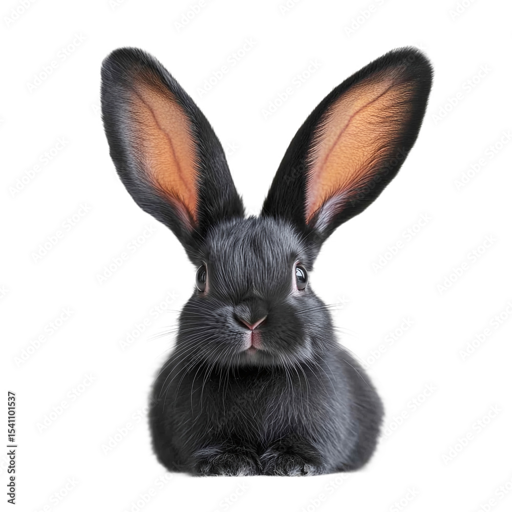 Fototapeta premium Funny baby black rabbit with long ears isolated transparent background.