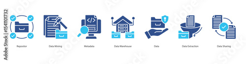 Data Infrastructure banner web icon set vector illustration concept with icon of repositor, data mining, metadata, data warehouse, data, data extraction, data sharing