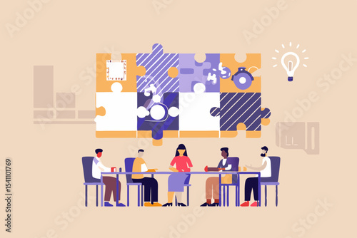 Teamwork and Collaboration Concept with People Meeting and Connecting Puzzle Pieces for Business Success and Creative Solutions brainstorming session