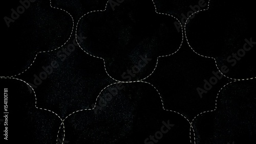 Minimalist, featuring continuous white dashed lines forming an elegant Moroccan-inspired quatrefoil or curvilinear pattern on a dark black background.