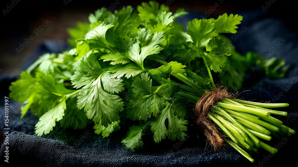 Fototapeta premium Fresh coriander bundle with vibrant green leaves on dark fabric