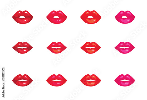 Set female lips gloss red and pink lipstick. Fashion Illustration Woman Mouth. Lips icon isolated vector illustration on white background.