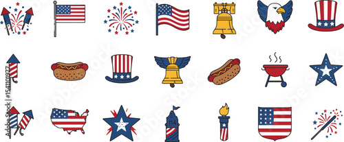 Patriotic American Holiday Icons Fireworks, Flags, and More