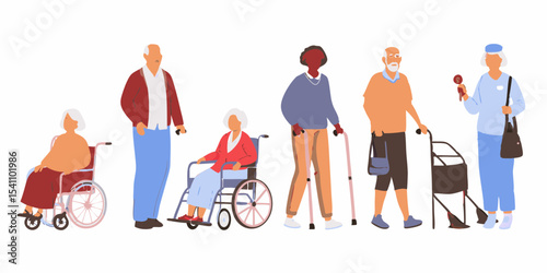 Diverse Group of Senior Citizens with Mobility Aids and Caregiver Illustrating Aging and Support Services for Elderly People Flat Vector