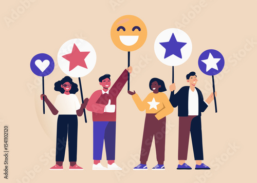 Diverse Group Holding Signs with Symbols Feedback and Rating Concept Customer Satisfaction and User Experience Vector Illustration