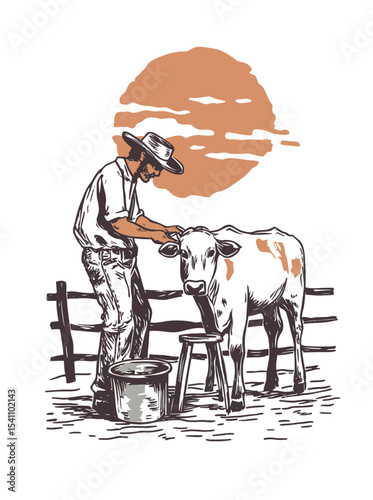 Farmer Milking Cow at Sunset in Rustic Pen with Fence Background