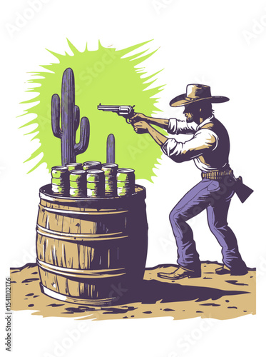 Cowboy Aiming Pistol at Cactus with Coin Stacks in Desert Scene