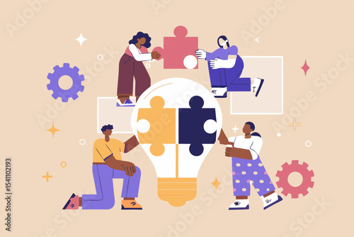 Diverse team collaborating on a lightbulb puzzle symbolizing innovation problem solving and teamwork in a modern flat vector illustration style