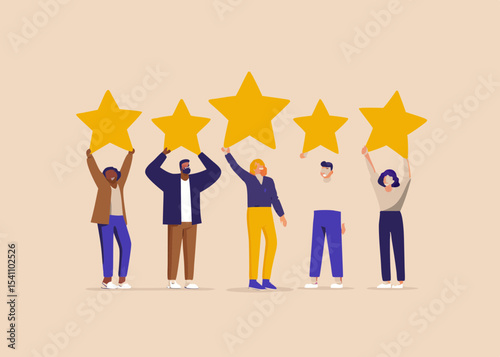 Diverse Group Holding Five Stars for Customer Satisfaction Positive Feedback and Excellent Service Rating in a Flat Vector Style