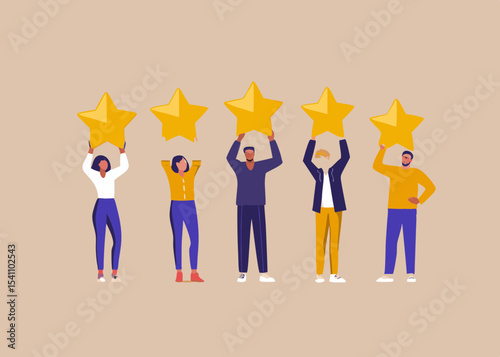 Five People Holding Up Gold Stars Representing Customer Satisfaction and Positive Feedback Showing a Five Star Rating for Service and