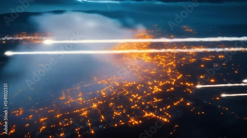 Aerial view of city grid glowing at night