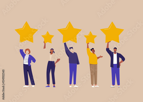 Diverse Group Holding Stars for Positive Feedback and Reviews Customer Satisfaction and Rating Concept Vector Illustration