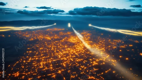 Night view of dense urban landscape with street lighting