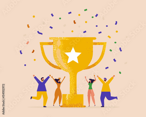Team Celebrating Victory with Giant Trophy and Confetti Achievement and Success Flat Vector Illustration for Website or Graphic Design