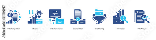 Data Manipulation banner web icon set vector illustration concept with icon of data manipulation, inference, data transmission, data validation, data filtering, information, data analysis