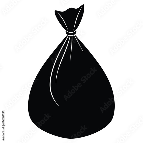 Black plastic trash bag isolated on white background is tied at the top