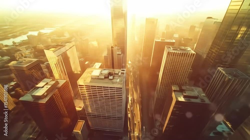 Top view of sunlit skyscrapers with lens flare and warm tones