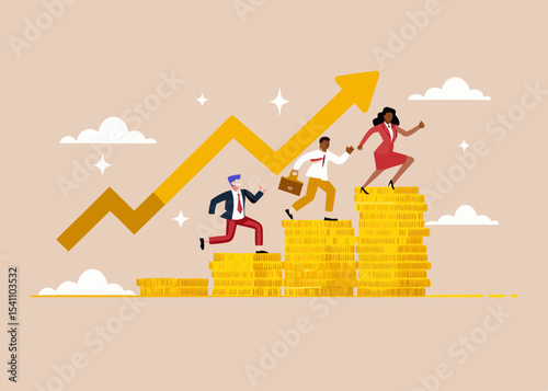 Diverse Business Team Climbing Stacked Coins Towards Success Illustrated with Rising Arrow and Clouds Representing Financial Growth
