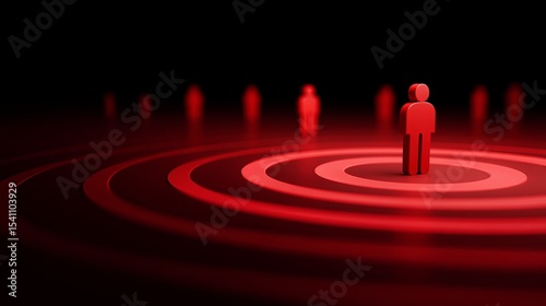 Red human figures stand on concentric red circles, symbolizing targeting, focus, or isolation in a dark environment with a glowing effect.