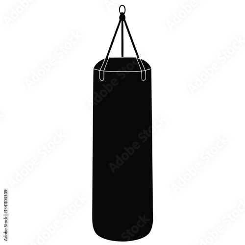 Black punching bag hangs isolated on white background