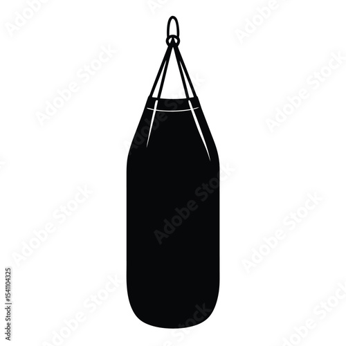 Black punching bag hangs isolated on white background for boxing training