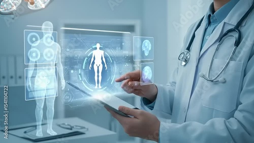 Doctor using tablet with holographic human anatomy overlay and AI interface.