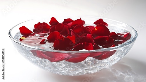 Romantic red rose petals floating in a crystal-clear water bowl under natural daylight