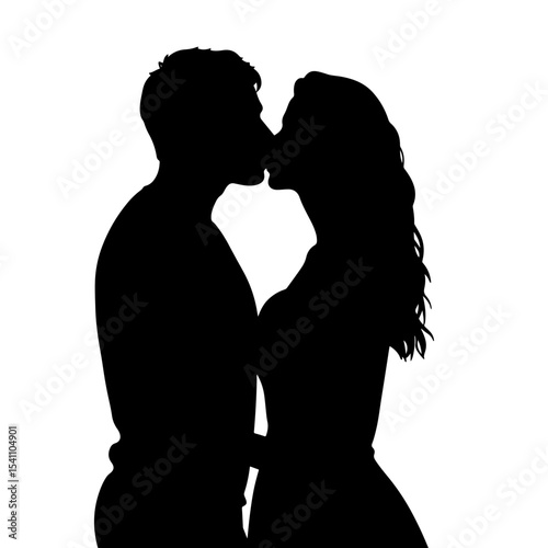 Silhouette of couple kissing against white background, love and intimacy