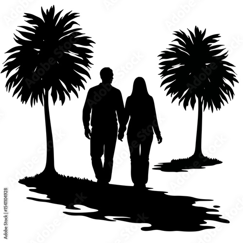 Silhouette couple walking hand in hand through park, romantic connection