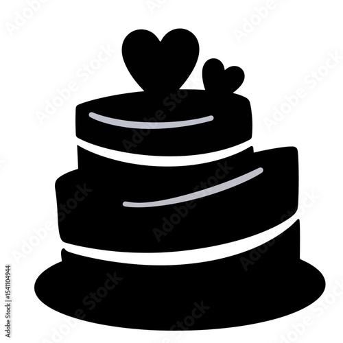 Elegant silhouette cake with heart decorations on white background, Valentine's Day
