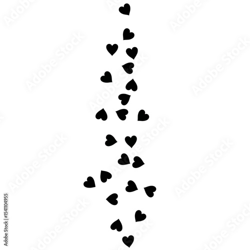 Black heart-shaped confetti silhouette on white background, love concept