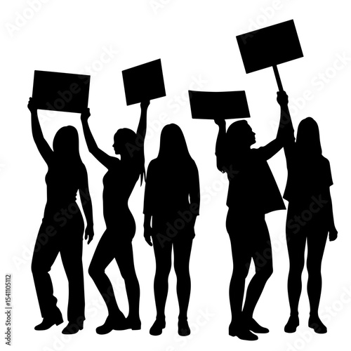 Silhouettes of women holding protest signs, unity in activism