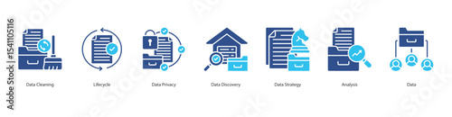 Data Strategy banner web icon set vector illustration concept with icon of data cleaning, lifecycle, data privacy, data discovery, data strategy, analysis, data