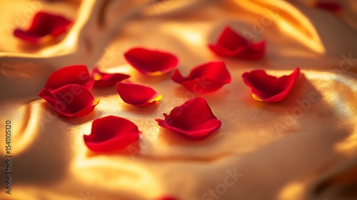 Scattered red rose petals on an elegant golden satin cloth softly glowing under warm lighting