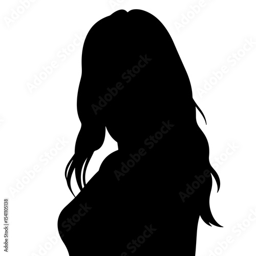 Silhouette of a young woman with flowing hair against white background, self-expression
