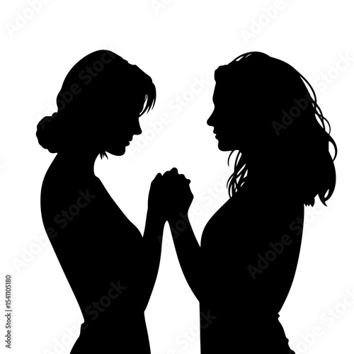 Two women's hands gently touching in silhouette, connection and unity