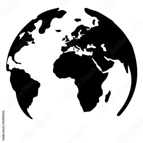 Simple black and white globe silhouette on white background, global concept