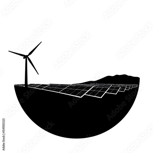Solar farm landscape silhouette with wind turbine, renewable energy vision
