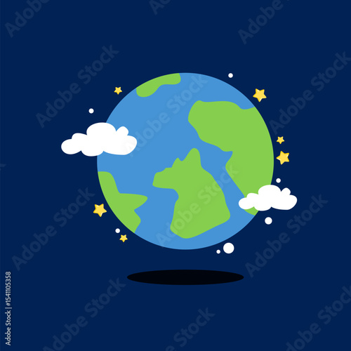 Globe cartoon with cloud and star on dark blue background. Earth illustration. Can be used for wallpaper and sticker