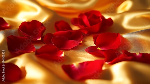 Scattered red rose petals on an elegant golden satin cloth softly glowing under warm lighting