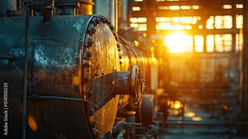 Close-up of an old gas boiler in a factory with warm lighting and blurred background elements. 