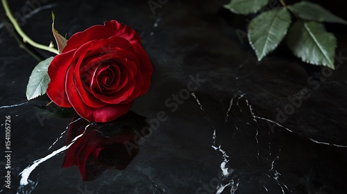 Single red rose resting on a smooth black marble surface with subtle reflections