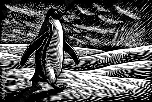 Black and White Woodcut Style Illustration of a Single Penguin Waddling Across a Snowy Landscape Under a Cloudy Night Sky