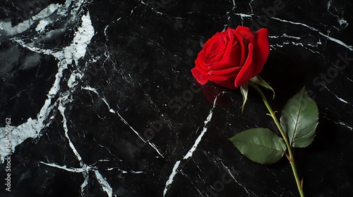 Single red rose resting on a smooth black marble surface with subtle reflections