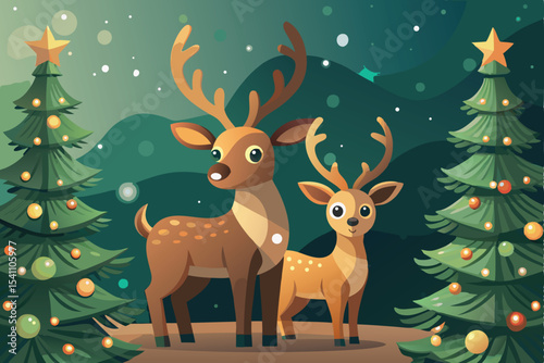 Cartoon Christmas Scene with Deer Family and Decorated Christmas Trees